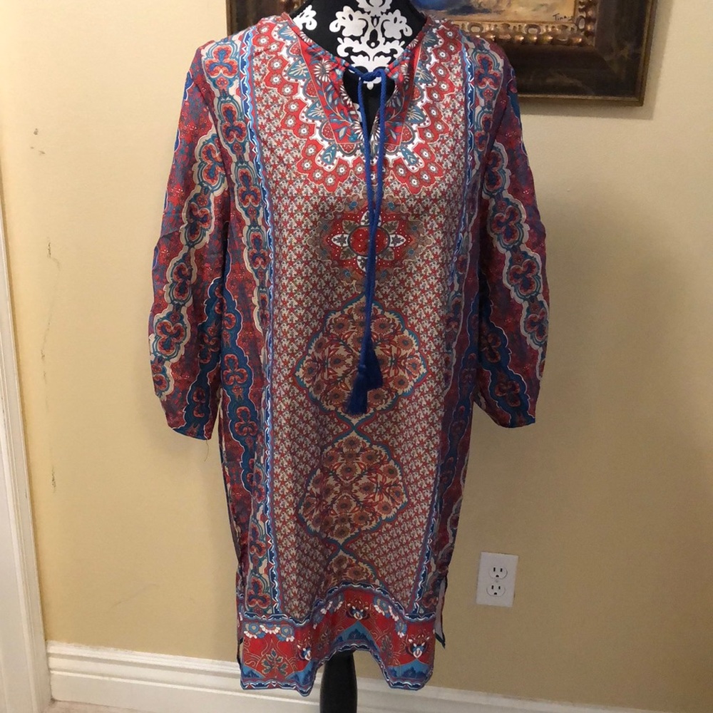 Urban Coco Bohemian long ruched sleeve v-neck rope tie tassel sheath dress